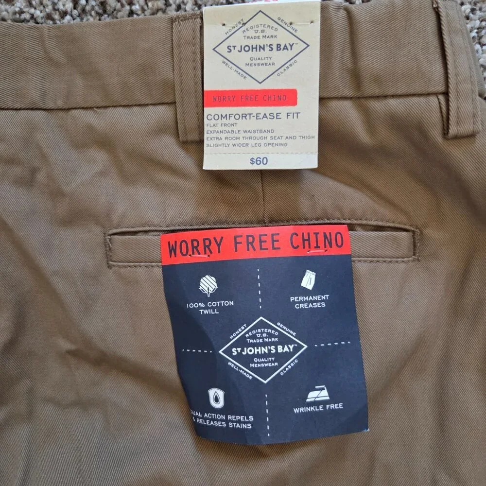 St. Johns Bay Worry Free Chino Pants Mens 38X29 Tan Comfort Ease Fit NEW NWT